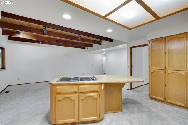 kitchen with light carpet, light brown cabinetry, baseboards, beam ceiling, and wood ceiling