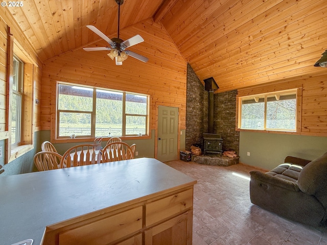 25405 SE Bear Creek Rd, Prineville, OR 97754 - interior space featuring wood walls, lofted ceiling with beams, wooden ceiling, and a wood stove