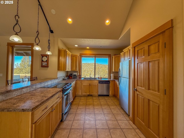 25405 SE Bear Creek Rd, Prineville, OR 97754 - kitchen featuring stainless steel appliances, a wealth of natural light, a sink, and a peninsula