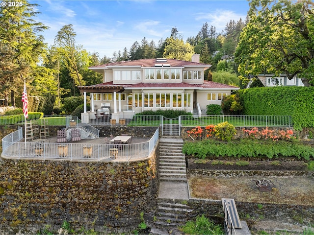 12760 S Fielding Rd, Lake Oswego, OR 97034 - rear view of property with outdoor dining space, a patio area, and stairway