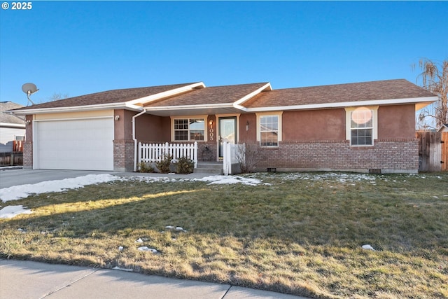 ranch-style home featuring concrete driveway, brick siding, an attached garage, and stucco siding