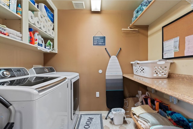 laundry room with laundry area, visible vents, and separate washer and dryer