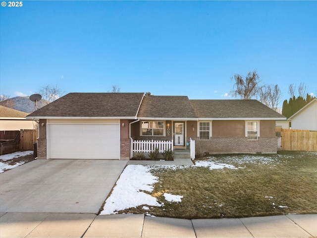 ranch-style home featuring covered porch, concrete driveway, brick siding, and an attached garage