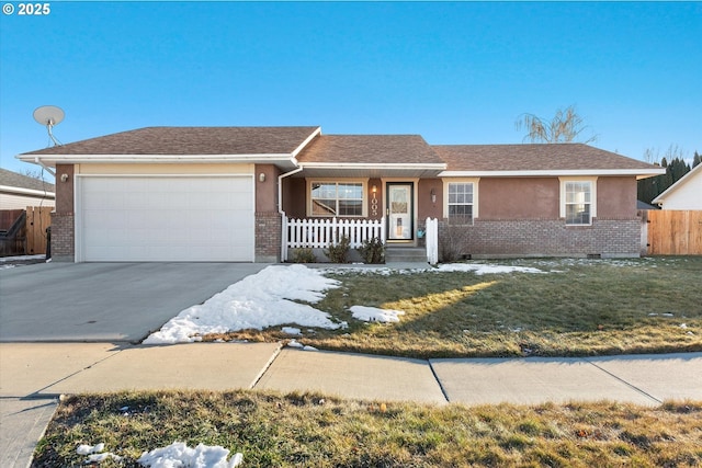 single story home featuring an attached garage, brick siding, fence, driveway, and a front lawn