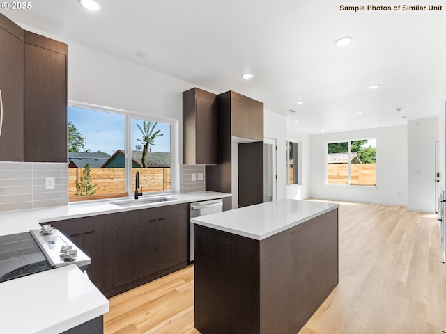 3827 N Willis Blvd, Portland, OR 97217 - kitchen with a sink, dishwasher, modern cabinets, dark brown cabinets, and recessed lighting