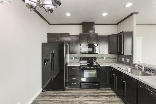 14426 NW Larson Rd Unit 2, Portland, OR 97231 - kitchen with black appliances, a sink, ornamental molding, tasteful backsplash, and wood finished floors