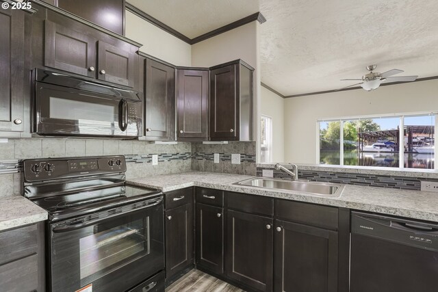14426 NW Larson Rd Unit 2, Portland, OR 97231 - kitchen featuring black appliances, a sink, crown molding, ceiling fan, and backsplash