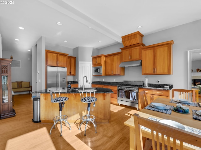 kitchen featuring light wood-style floors, an island with sink, stainless steel appliances, under cabinet range hood, and a sink