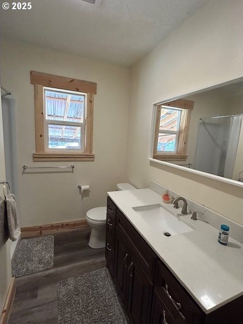 full bath with a shower with curtain, plenty of natural light, wood finished floors, and vanity