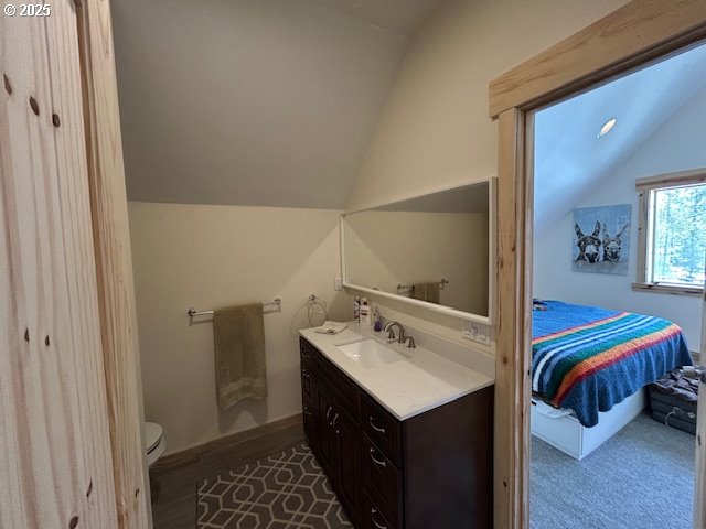bathroom with vanity, ensuite bathroom, toilet, and lofted ceiling