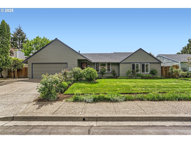 single story home featuring a garage, a front lawn, fence, and concrete driveway