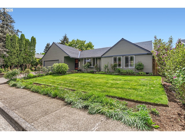 single story home with a shingled roof, a front lawn, and a garage