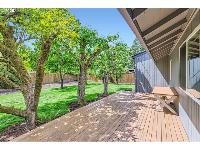 deck with a lawn and a fenced backyard