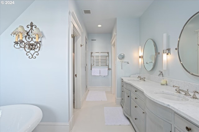 bathroom with separate shower and tub and vanity