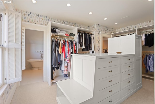 walk in closet featuring light colored carpet