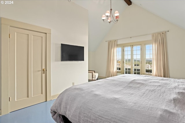 bedroom featuring lofted ceiling with beams and a notable chandelier