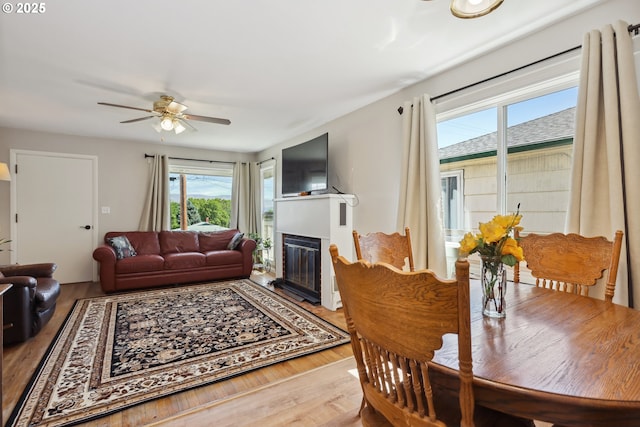 722 E 14th St, The Dalles, OR 97058 - living area with wood finished floors, a ceiling fan, and a glass covered fireplace