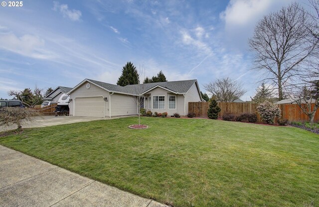 single story home with driveway, an attached garage, fence, and a front lawn