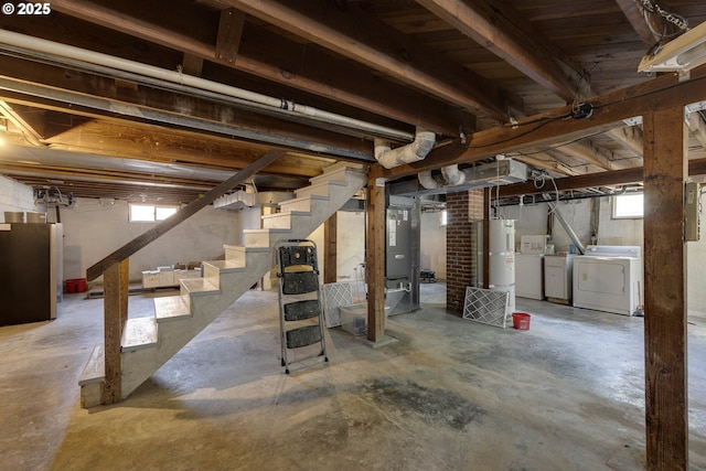 1040 S Park St, Carlton, OR 97111 - basement with stairs, separate washer and dryer, water heater, freestanding refrigerator, and electric panel