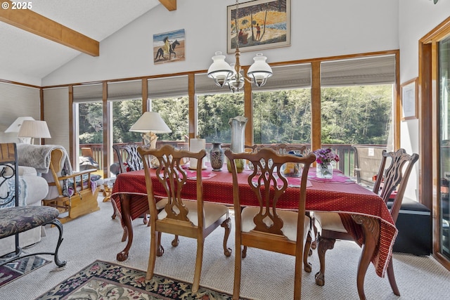 3419 S Ballard Ln, Lincoln City, OR 97367 - dining space featuring beam ceiling, carpet floors, healthy amount of natural light, a chandelier, and high vaulted ceiling