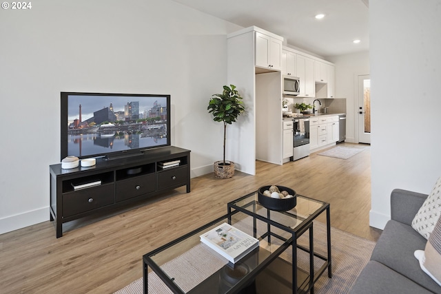 living room featuring sink and light wood-type flooring