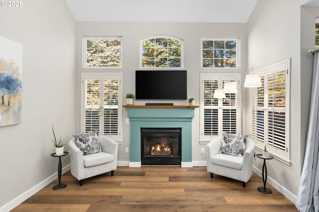 9619 NW Silver Ridge Loop, Portland, OR 97229 - living area with a glass covered fireplace, wood finished floors, baseboards, and a high ceiling