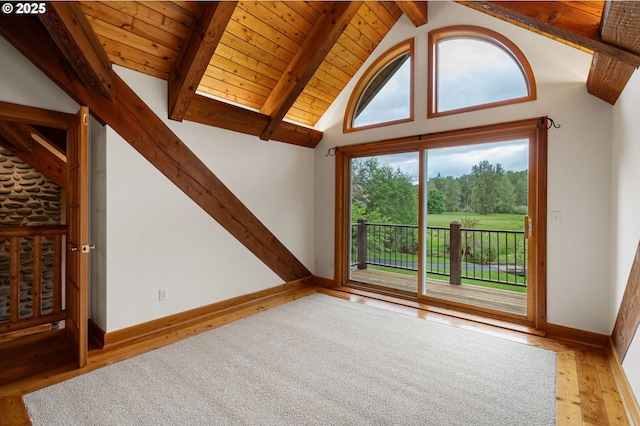 unfurnished living room with hardwood / wood-style floors, wood ceiling, and baseboards