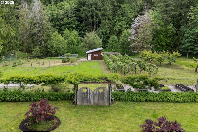 view of yard featuring a vegetable garden, an outdoor structure, a forest view, and a storage shed