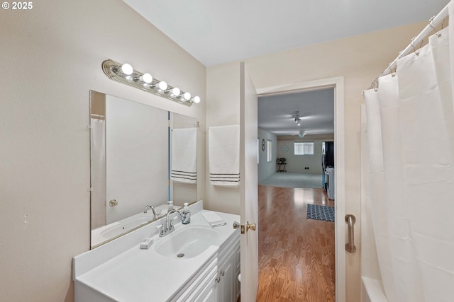 6 Creek Ln, Lakeside, OR 97449 - full bathroom featuring vanity, wood finished floors, and a shower with curtain