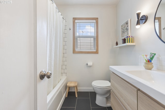 2325 Laurel Ave, Salem, OR 97301 - bathroom featuring tile patterned flooring, toilet, vanity, shower / bathtub combination with curtain, and baseboards