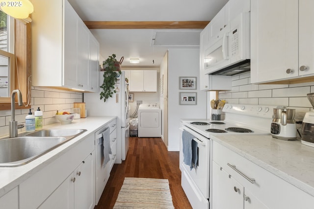 2325 Laurel Ave, Salem, OR 97301 - kitchen featuring white appliances, a sink, backsplash, white cabinetry, and dark wood-type flooring