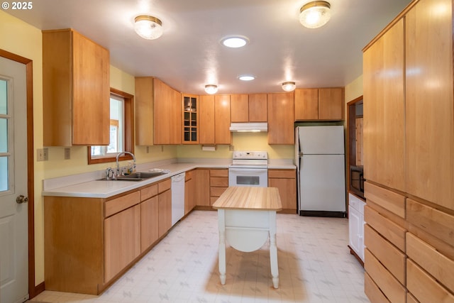 3333 Bullock Rd, Oakland, OR 97462 - kitchen featuring white appliances, under cabinet range hood, light flooring, and glass insert cabinets