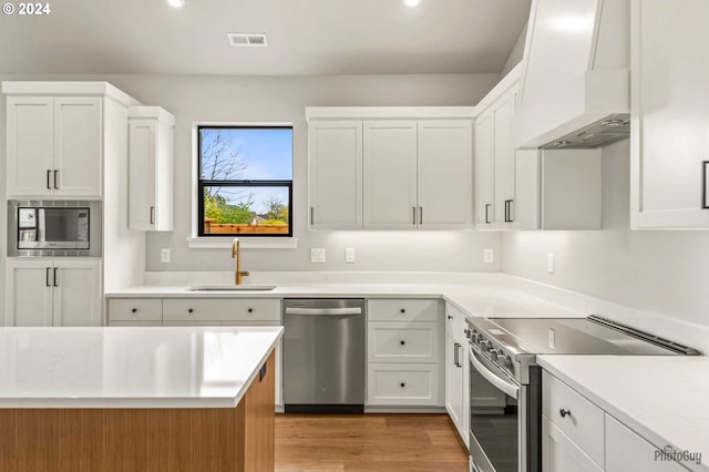 kitchen featuring white cabinetry, sink, custom exhaust hood, and appliances with stainless steel finishes