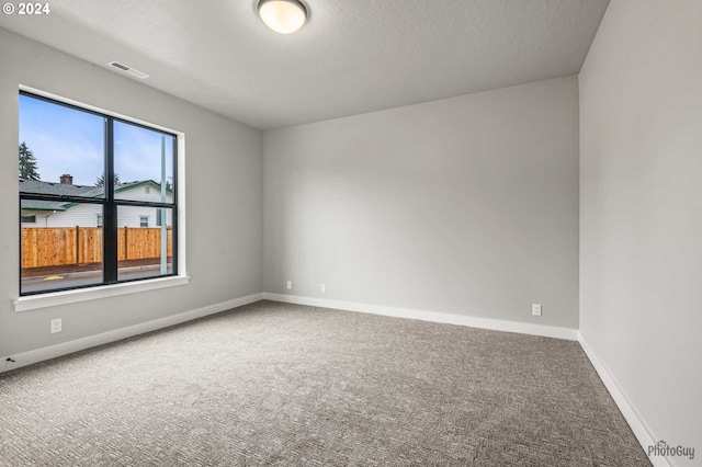 unfurnished room featuring carpet and a textured ceiling