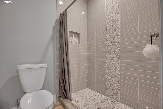 bathroom with a shower with curtain and toilet