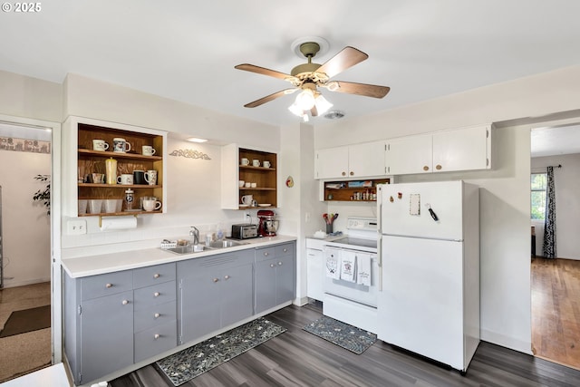 17222 SW Blanton St, Beaverton, OR 97078 - kitchen with white appliances, open shelves, gray cabinetry, ceiling fan, and dark wood-type flooring