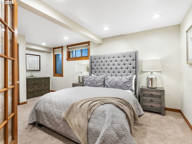 bedroom with recessed lighting, carpet flooring, and baseboards