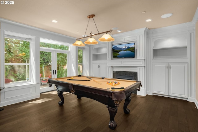 game room featuring french doors, dark wood-type flooring, pool table, and built in shelves