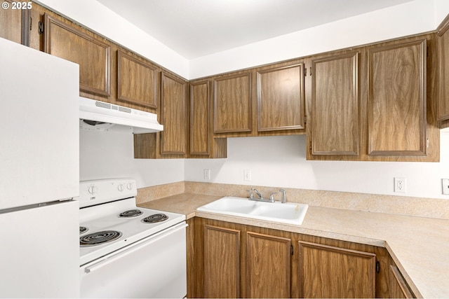 6654 SW Capitol Hwy, Portland, OR 97219 - kitchen featuring white appliances, under cabinet range hood, a sink, and light countertops