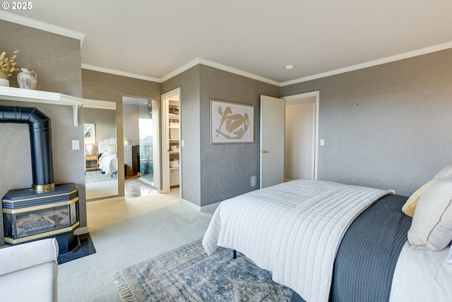 carpeted bedroom with a wood stove and crown molding