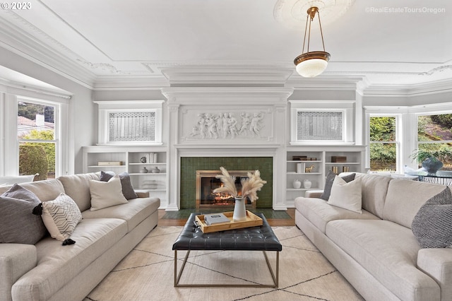 sunroom with a tile fireplace