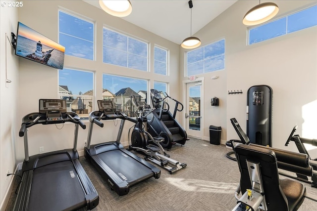 gym featuring carpet, a towering ceiling, and baseboards