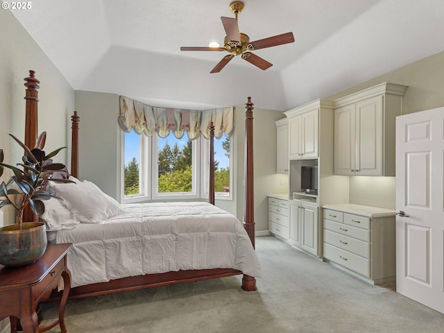 8801 SE Walnut Dr, Amity, OR 97101 - bedroom featuring light carpet, a ceiling fan, and vaulted ceiling