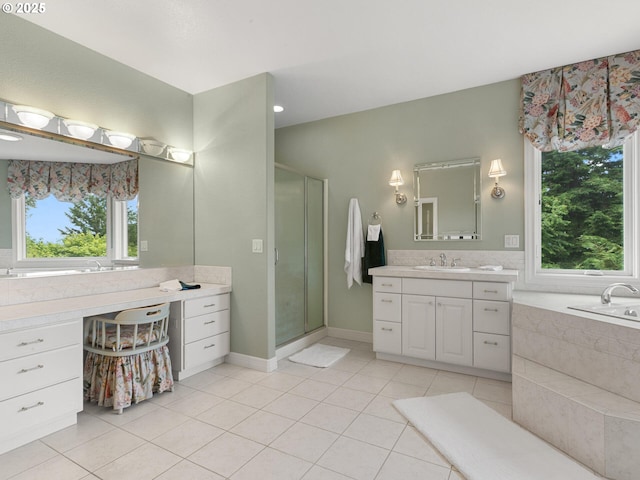 8801 SE Walnut Dr, Amity, OR 97101 - bathroom with healthy amount of natural light, vanity, a shower stall, and tile patterned flooring