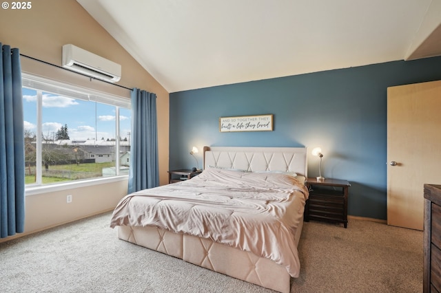 bedroom with lofted ceiling, a wall mounted air conditioner, and carpet flooring