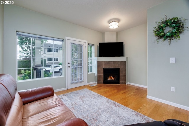 living room with wood finished floors, a fireplace, and baseboards