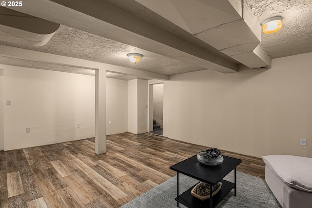 basement with dark hardwood / wood-style flooring