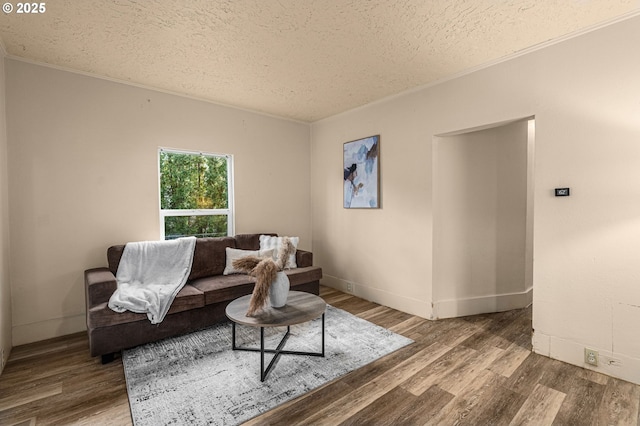 living room featuring hardwood / wood-style floors and a textured ceiling