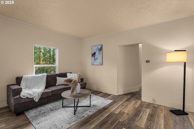 living room with dark wood-type flooring and a textured ceiling