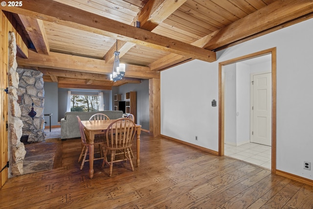 unfurnished dining area with wood ceiling, beam ceiling, and light wood-type flooring